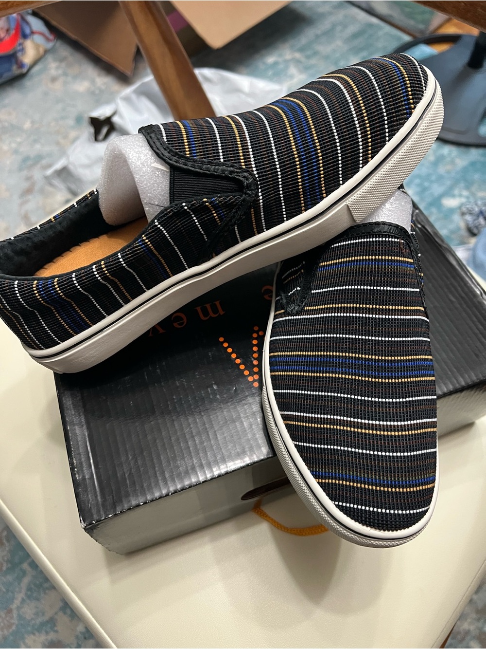 bernie mev. Black Striped Slip-On Flats with Blue and Tan Accents